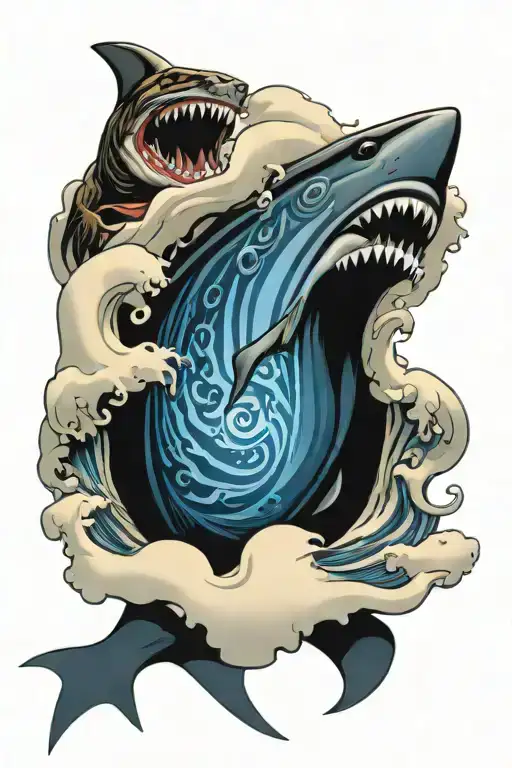 Demon Surfing Waves Over A Shark
