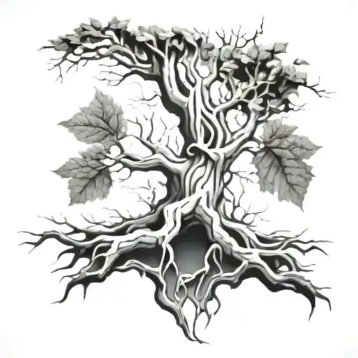 Big Old Tree Roots Exposed And Long Branches With Some Leaves