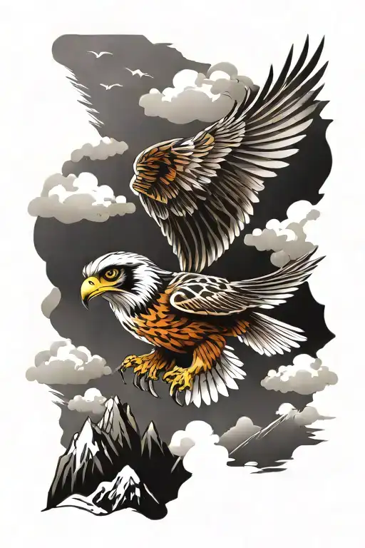 Flying Little Falcon Against The Background Of Snowy Mountains And Clouds