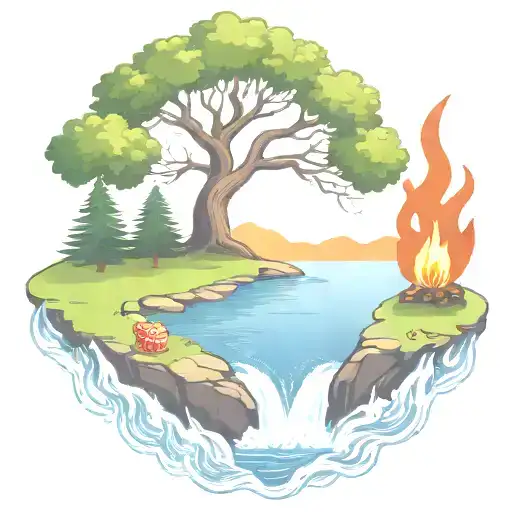 A Rowan Berry Tree And A Campfire Beside A River Waterfalling Down The Front