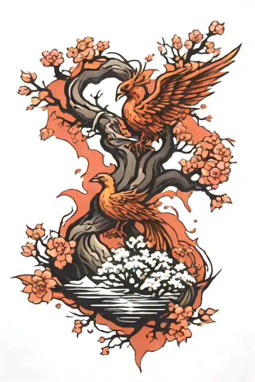 Phoenix Around Cherry Blossom Tree