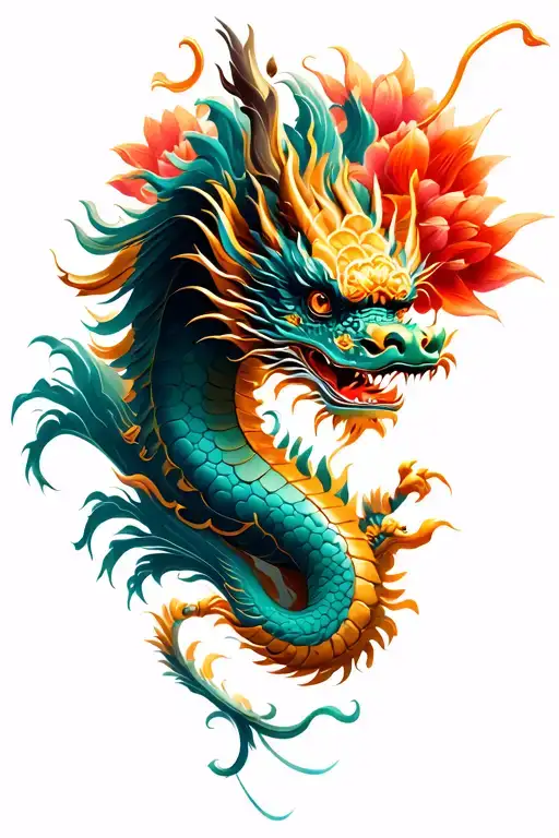 Chinese Dragon Flying With Flower Blooming