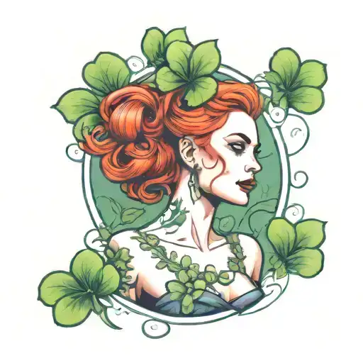 A Femme Fatale With Red Hair Holding A 4 Leaf Clovers