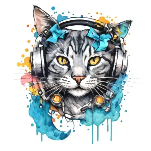 Watercolor Cat Wearing Headphones