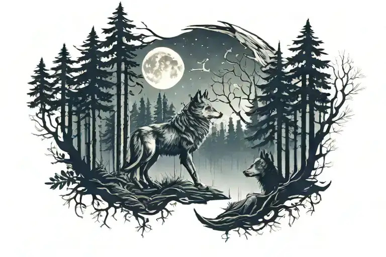 Forest At Night With Moon And One Wolf Full Sleeve