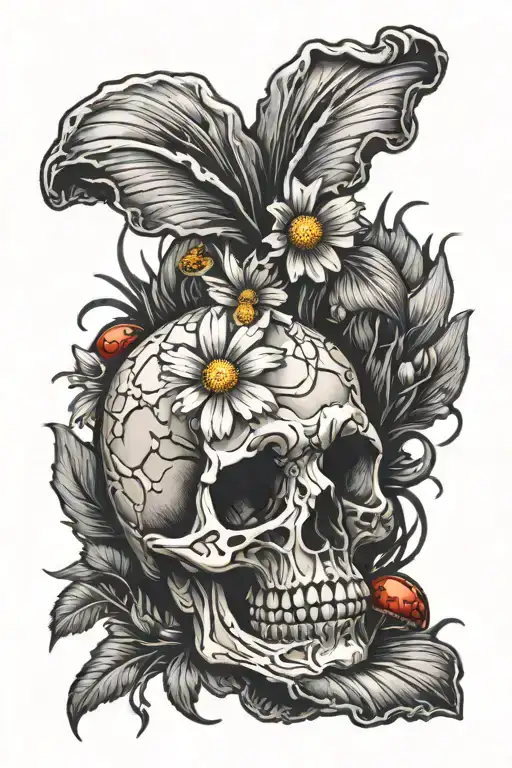 Daisy With Skull And Mushroom Growing