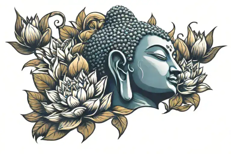 Head Of Buddha With Lotus Flowers