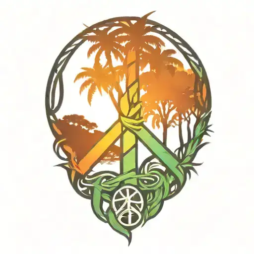 Peace Sign Intertwined With Amazon Jungle Scene And Sunset