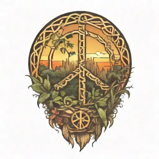 Peace Sign Intertwined With Amazon Jungle Scene At Sunset