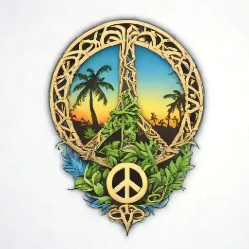 Peace Sign Intertwined With Amazon Jungle Scene At Blue Sunset