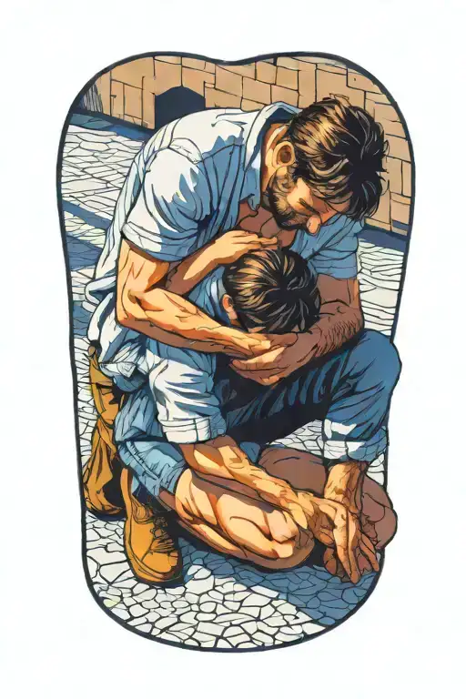 A Man Kneeling Next To A Child And Comforting Him