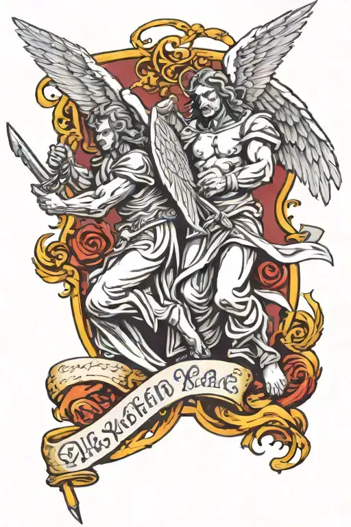 Angel And Demon Holding Scroll Letter With Quilpen Above Holy War
