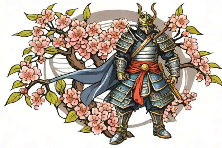 Noble Samurai In Armor And Mask With A Full-size Cherry Tree On The Back Hd Quality