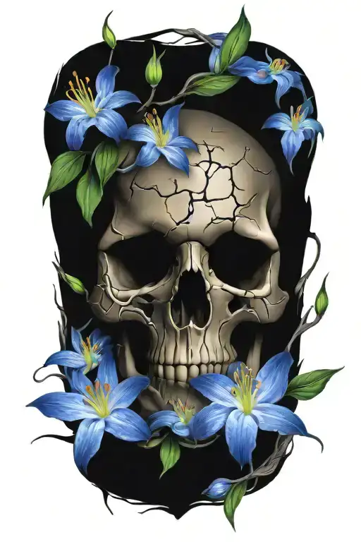 Cracked Skull With Lilies And Leaves