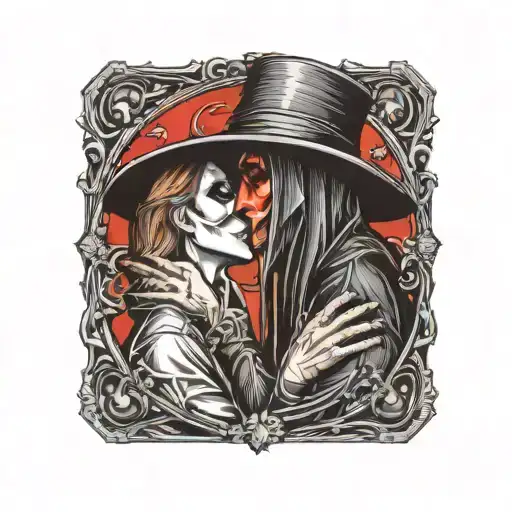 Plague Doctor With Beautiful Girl Kissing Each Other With His Hand On Her Neck