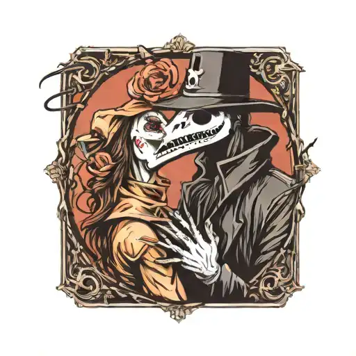 Plague Doctor With Beautiful Girl Kissing Each Other With His Hand On Her Neck