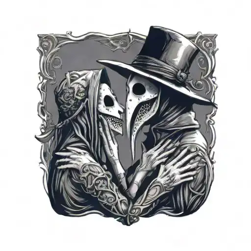 Plague Doctor With Beautiful Girl Kissing Each Other With His Hand On Her Neck