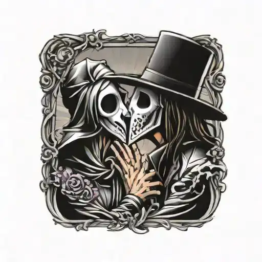 Plague Doctor With Beautiful Girl Kissing Each Other With His Hand On Her Neck