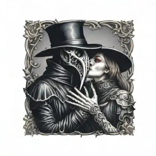 Plague Doctor With Beautiful Girl Kissing Each Other With His Hand On Her Neck