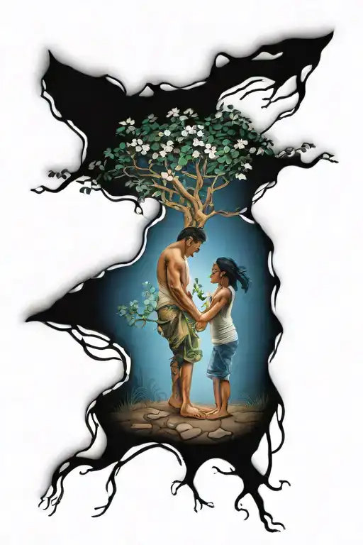 A Jasmine Tree And Below A Mother And Her Son Holding Hands