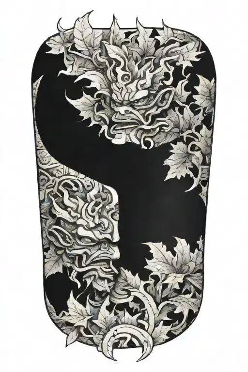 Side Profile View Oni Mask Split In Half Maple Leaves In Between