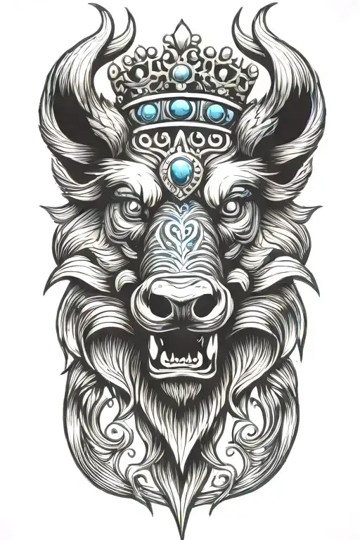 Angry Boar With Tusks And Wings Wearing A Crown With Blue Eyes