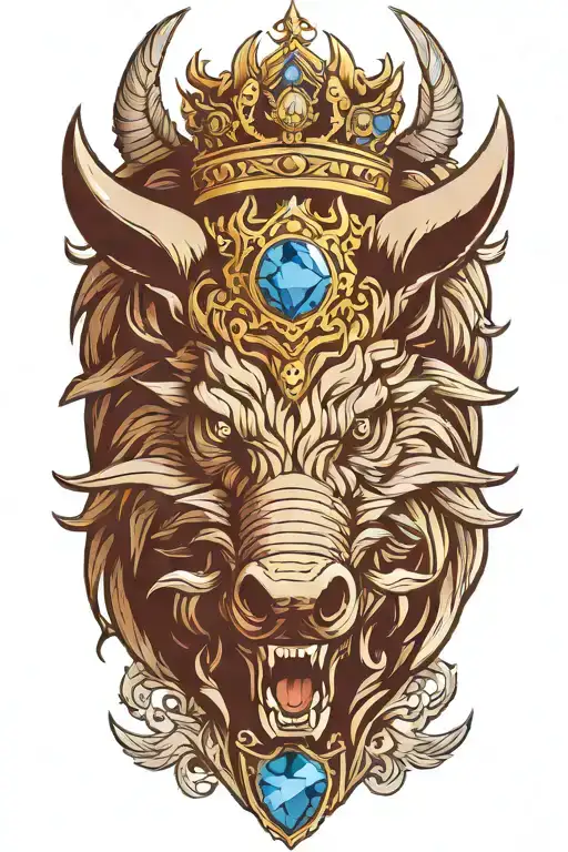 Angry Boar With Sword And Wings Wearing A Crown With Blue Eyes
