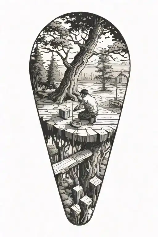 Man Cutting Tree Down And Building Table Out Of Tree