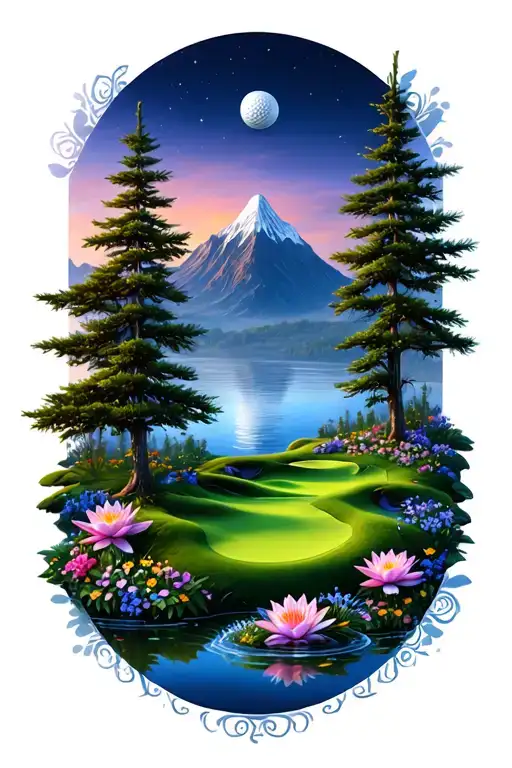 Mystical Golf Course Landscape With Golf Ball Mountain Flowers Pine Trees Water Lily Larkspur