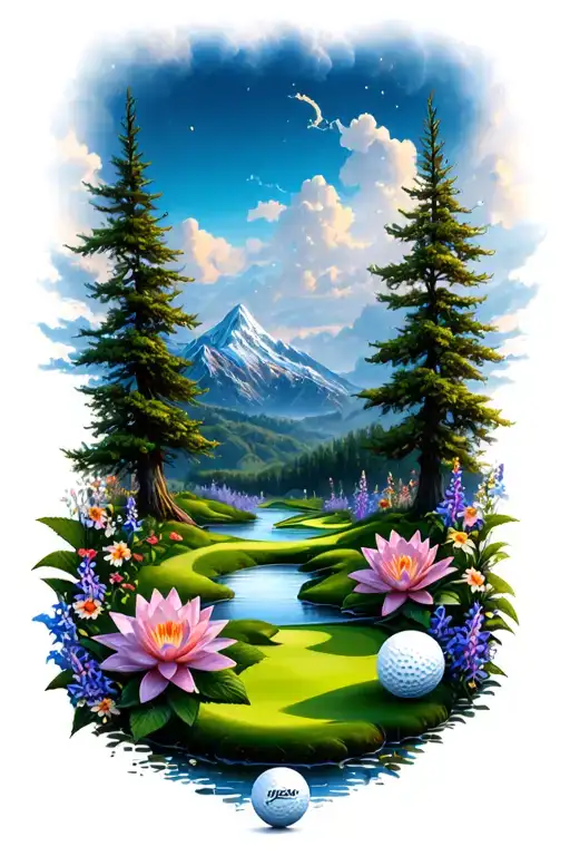 Mystical Golf Course Landscape With Golf Ball Mountain Flowers Pine Trees Water Lily Larkspur