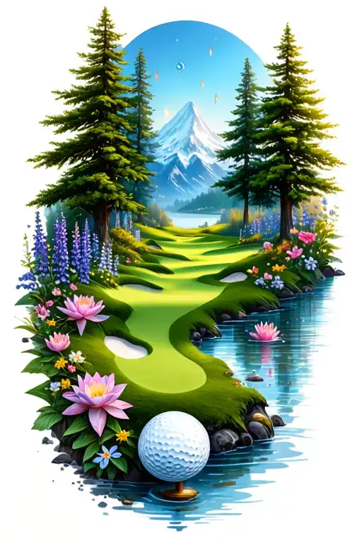 Mystical Golf Course Landscape With Golf Ball Mountain Flowers Pine Trees Water Lily Larkspur