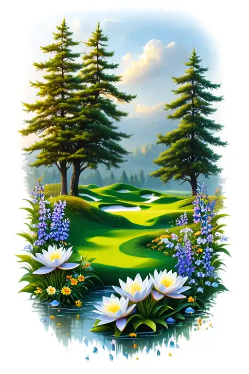 Golf Course Landscape Rolling Hills Flowers Pine Trees Water Lily Larkspur Lace