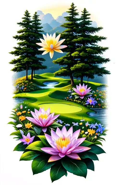 Golf Course Landscape Rolling Hills Flowers Pine Trees Water Lily Larkspur