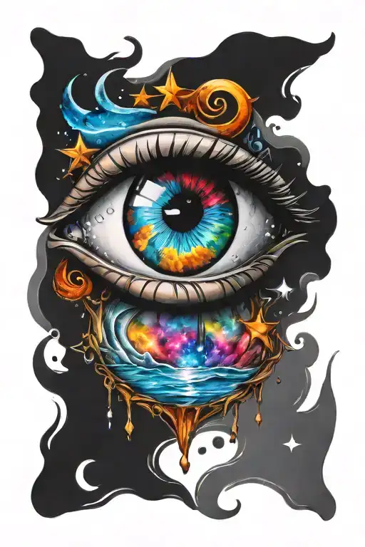 Draw A Unique Artistic Design Including An Eye With Moon And Stars And A Heart With Water Colors