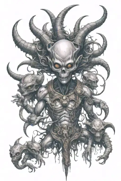 Alien Warrior With Third Eye And Horns Surrounded By Alien Like Creatures
