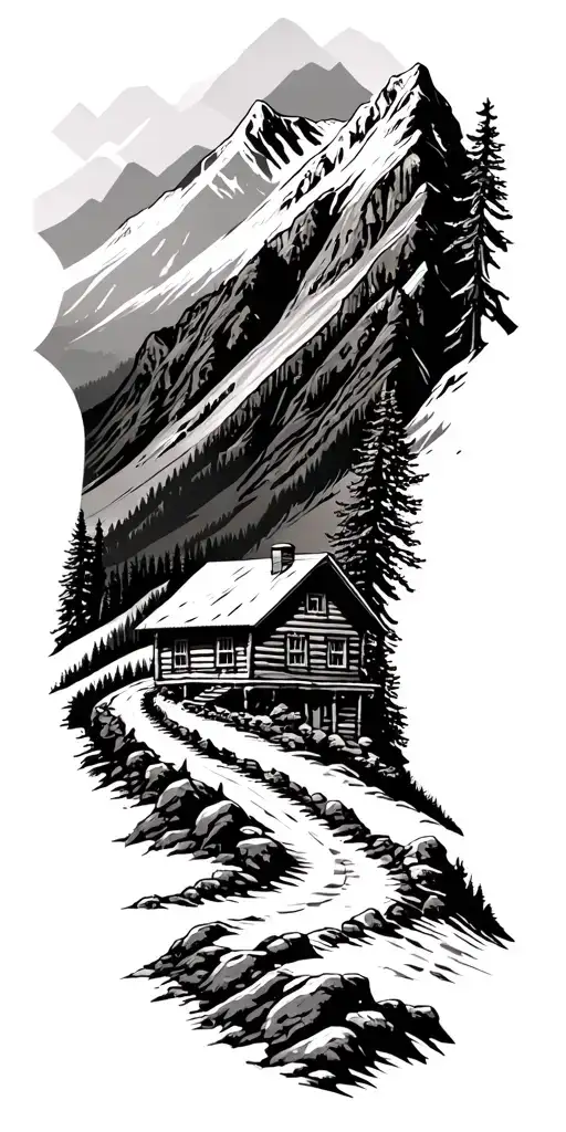 Mountain Cabin And Trail Winding Road Leading Its Pack