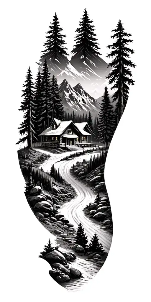 Mountain Cabin And Trail Winding Road Leading Its Pack