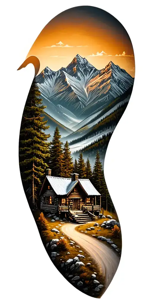 Mountain Cabin And Trail Winding Road Leading Its Pack