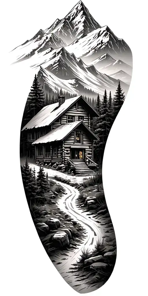 Mountain Cabin And Trail Winding Road Leading Its Pack