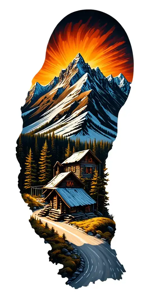 Mountain Cabin And Trail Winding Road Leading Its Pack