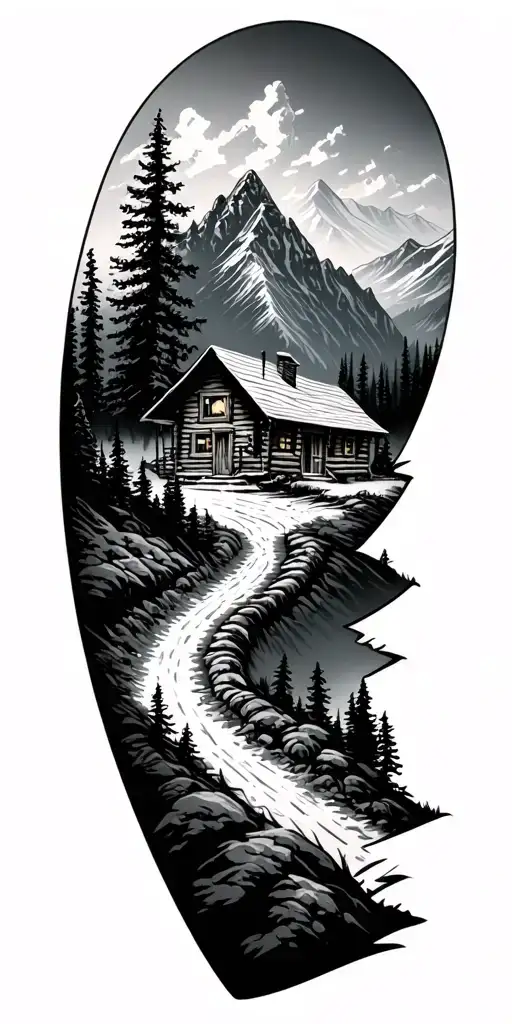 Mountain Cabin And Trail Winding Road Leading Its Pack