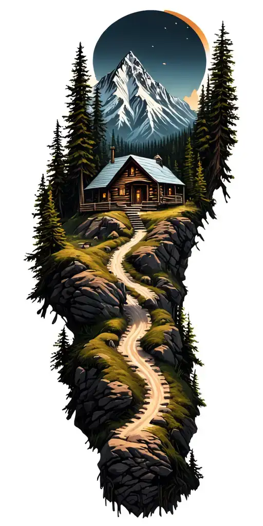 Mountain Cabin And Trail Winding Road Leading Its Pack