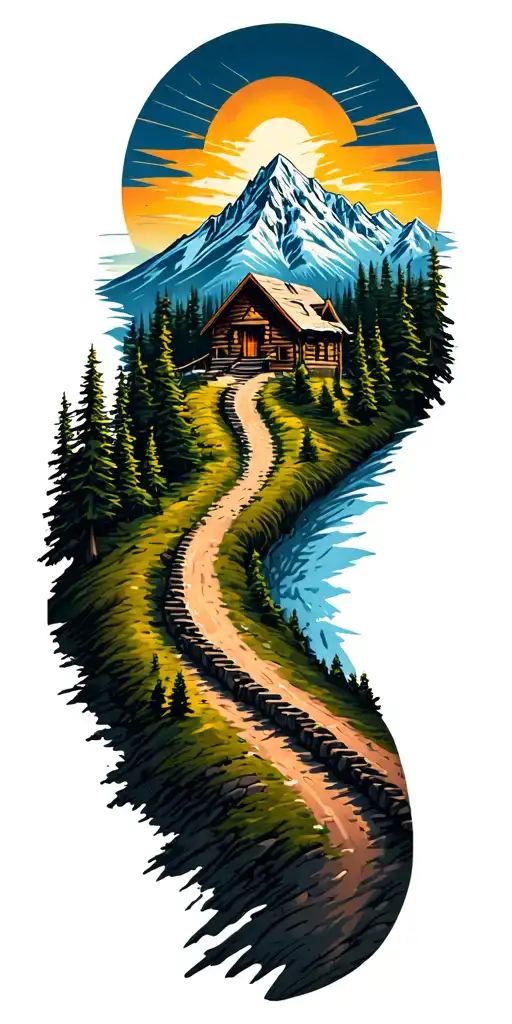Mountain Cabin And Trail Winding Road Leading Its Pack