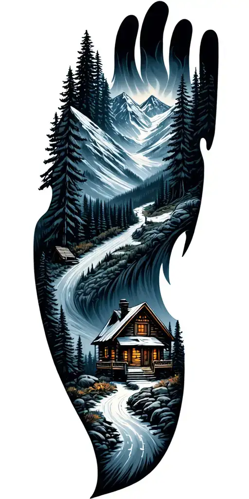 Mountain Cabin And Trail Winding Road Leading Its Pack