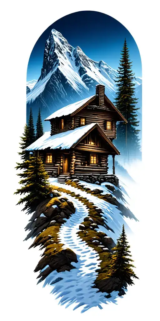 Mountain Cabin And Trail Winding Road Leading Its Pack