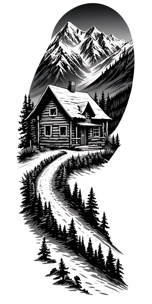 Mountain Cabin And Trail Winding Road Leading Its Pack