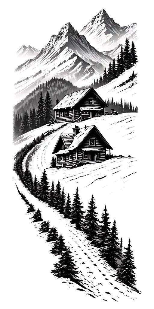 Mountain Cabin And Trail Winding Road Leading Its Pack