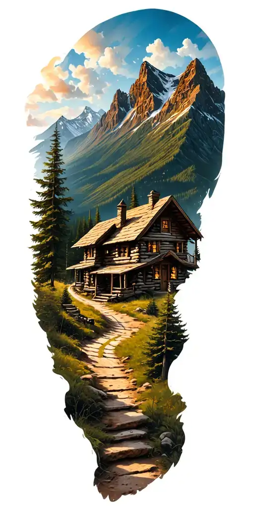 Mountain Cabin And Trail Winding Road Leading Its Pack