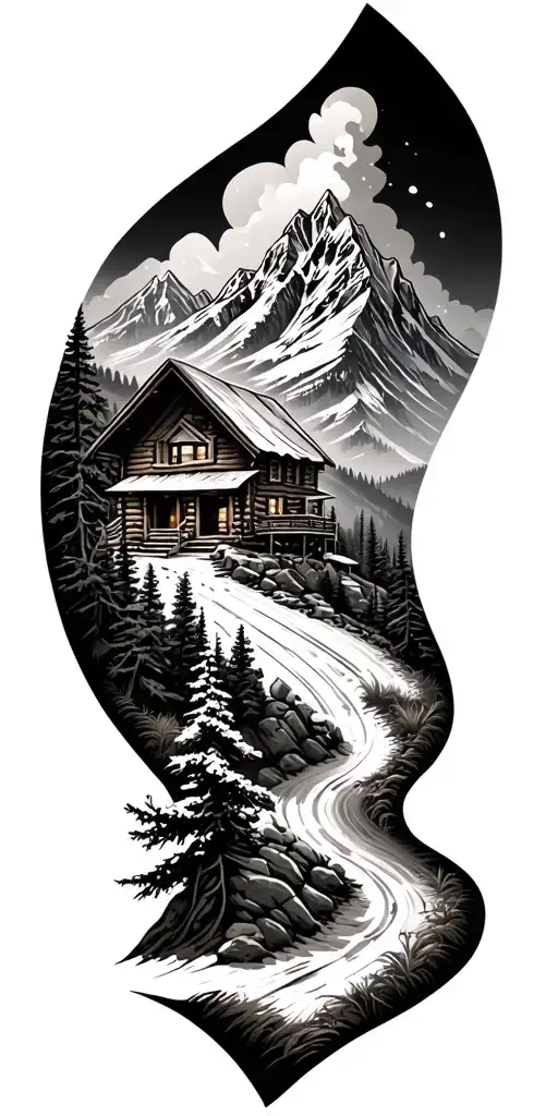 Mountain Cabin And Trail Winding Road Leading Its Pack