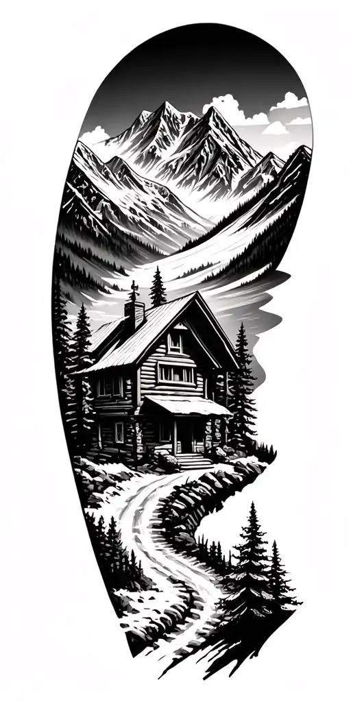 Mountain Cabin And Trail Winding Road Leading Its Pack